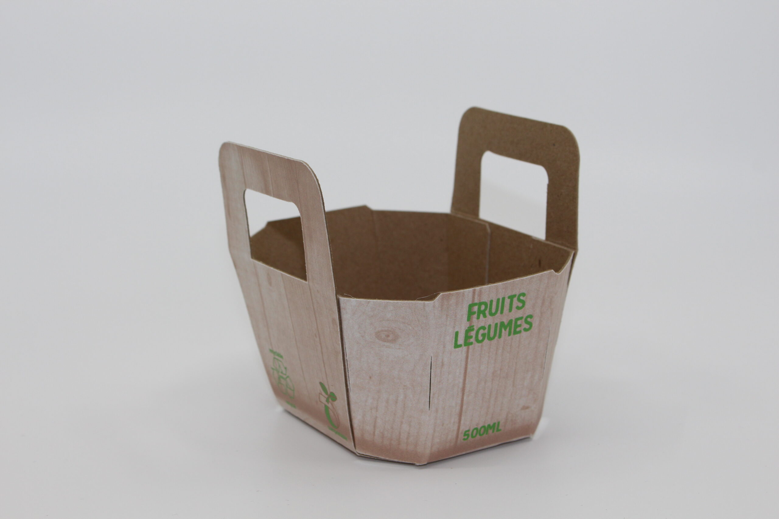 #7050-Panier fruits/légumes 0.5L poignée intégrée carton recyclable-compostable imp. générique 2 coul. (300/cse) (32cse/pal)