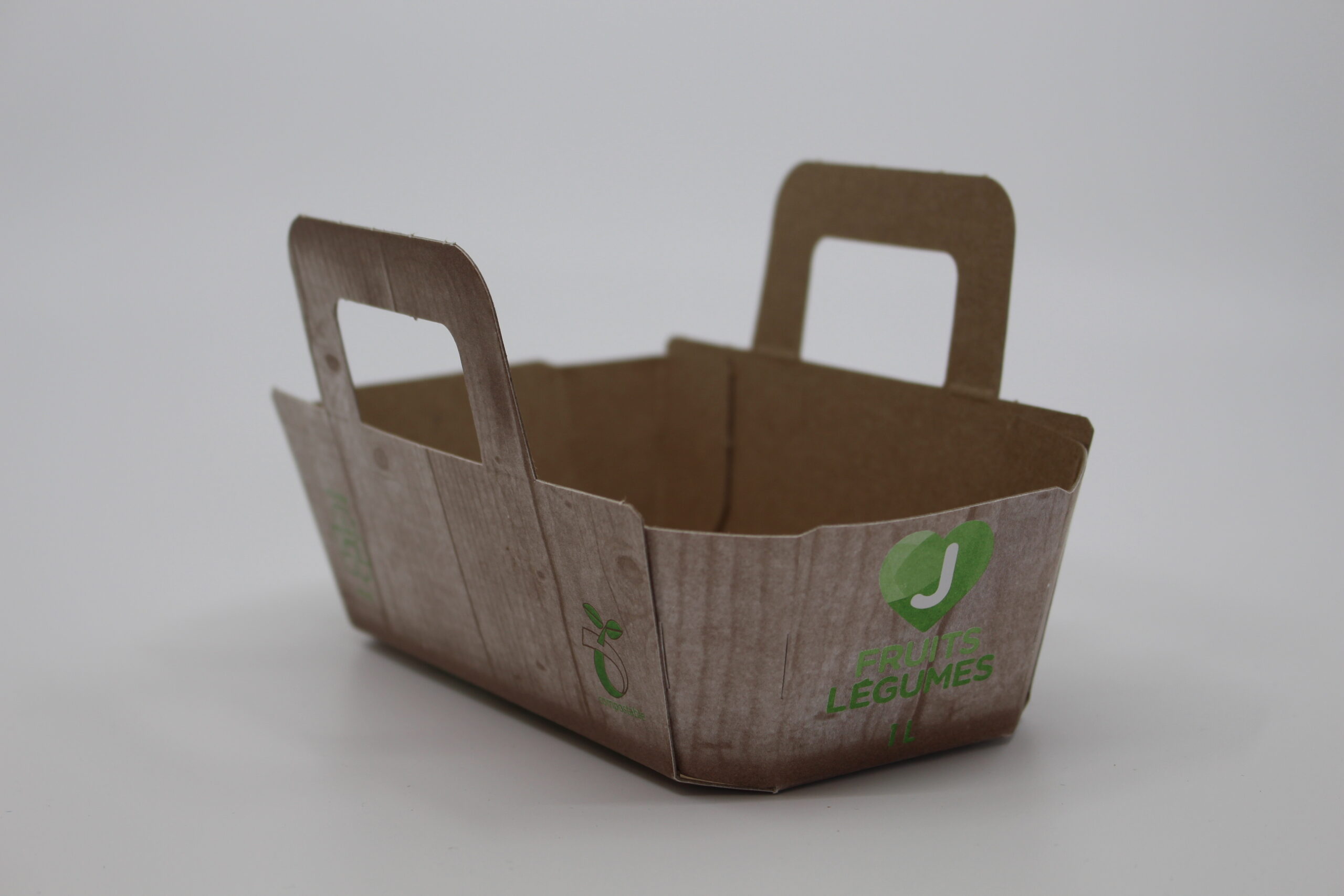 #7100-Panier fruits/légumes 1L poignée intégrée carton recyclable-compostable imp. générique 2 coul. (680/cse) (12cse/pal)
